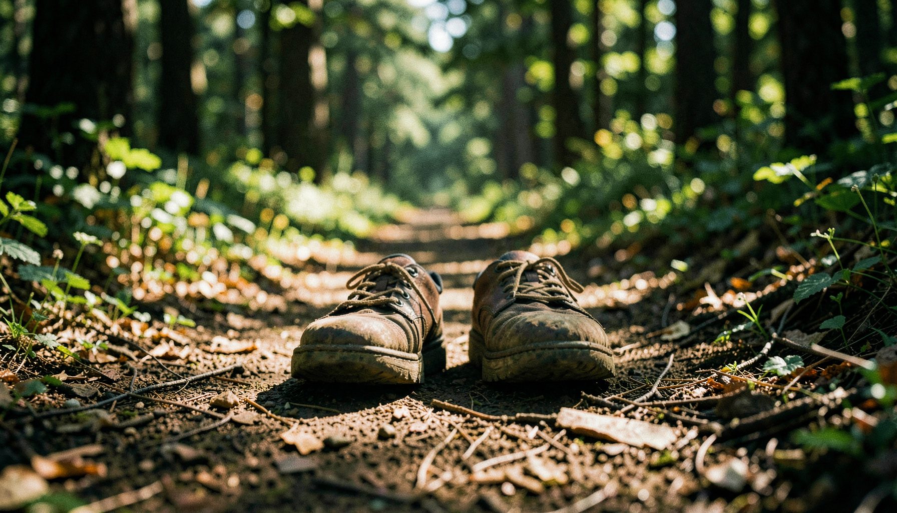 A pair of worn walking shoes on a forest trail dappled with morning sunlight, greens and earthy browns, sense of quiet forward movement